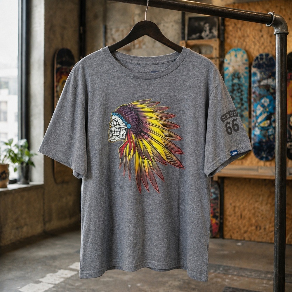 Vans Off The Wall Skull Headdress Graphic Tee Heather Grey Mens Medium 66 Sleeve